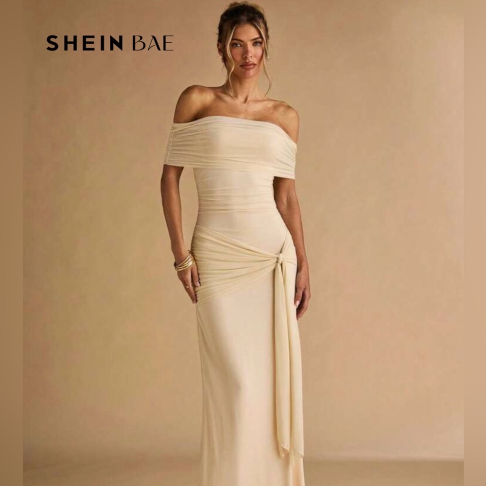 SHEIN Cream Off-Shoulder Maxi Dress with Side Knot